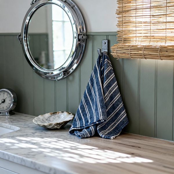 Close-up of a coastal laundry counter with sage-green vertical beadboard and a round, porthole-style metal mirror above. A gray-white marble surface transitions to light butcher-block wood, holding a shell dish and a navy-and-white striped towel beside a bamboo roman shade that filters sunlight, with a small analog clock near an undermount sink.
