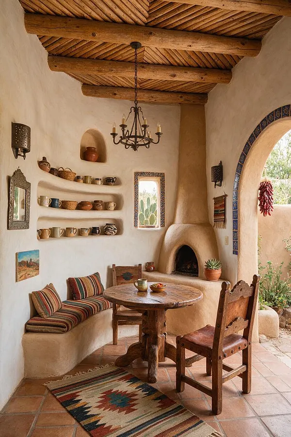 A cozy Southwestern backyard patio with white adobe-style walls, a carved wood ceiling with exposed beams, and a hanging iron chandelier. Built-in curved seating with striped cushions wraps around a small round wood table, while an arched fireplace, decorative tile trim, pottery shelves, and terracotta flooring add warmth and character.