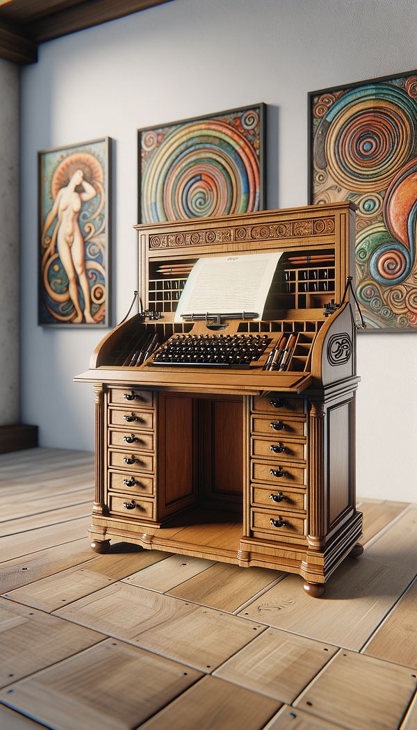 A vintage wooden escritoire with a hinged writing surface open, revealing compartments for pens and paper, placed against a wall with contemporary art.