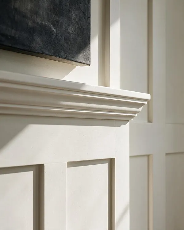 A close-up of a cream-painted paneled wall with raised rectangular trim and a layered crown molding detail. Sunlight casts soft shadows across the surface, and the corner of a dark textured artwork appears at the top left.