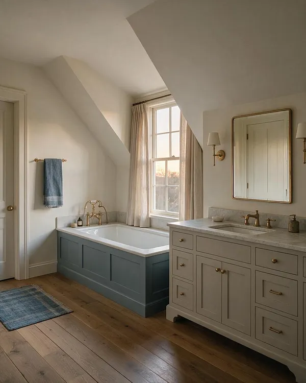 A transitional master bathroom with a blue paneled soaking tub set beneath a window with sheer curtains, a light wood vanity with marble countertop and brass fixtures, and warm wood floors. Soft neutral walls, a framed mirror, and simple sconces create a calm, elegant atmosphere.