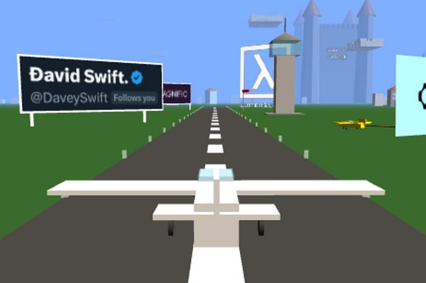 A digital landscape featuring a runway with a billboard displaying a Twitter profile for David Swift.