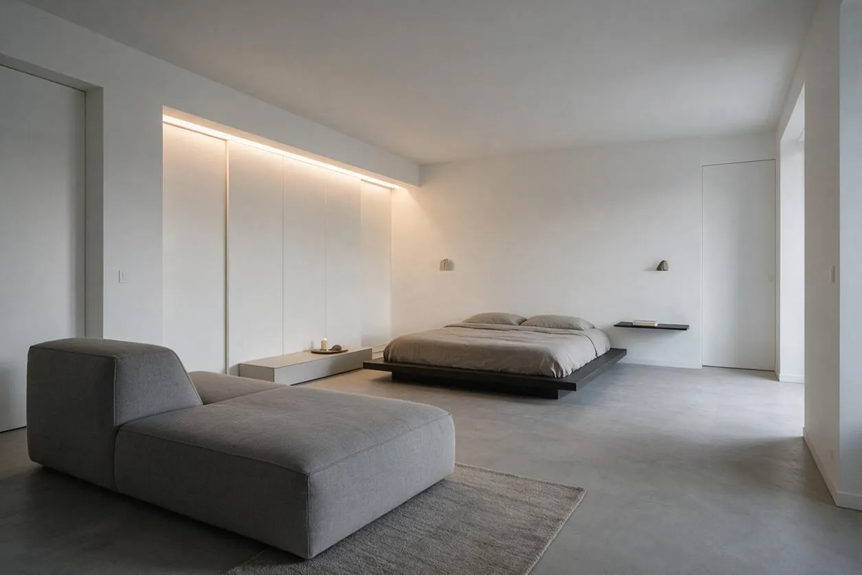 A sparse minimalist studio apartment with white walls, a low platform bed against the back wall, and a gray chaise lounge in the foreground. Soft built-in lighting washes over tall closet doors, while a small floating shelf and a muted rug add subtle texture to the calm neutral space.