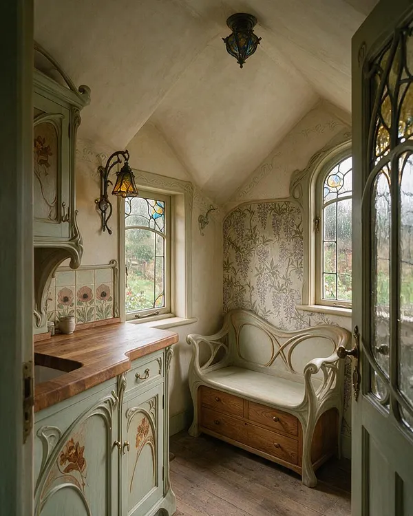 A narrow Art Nouveau kitchen nook with curved sage-green cabinetry, a wooden countertop, and floral tiled backsplash. Stained glass windows, patterned wallpaper, and a built-in bench with wood drawers create a soft, romantic atmosphere.