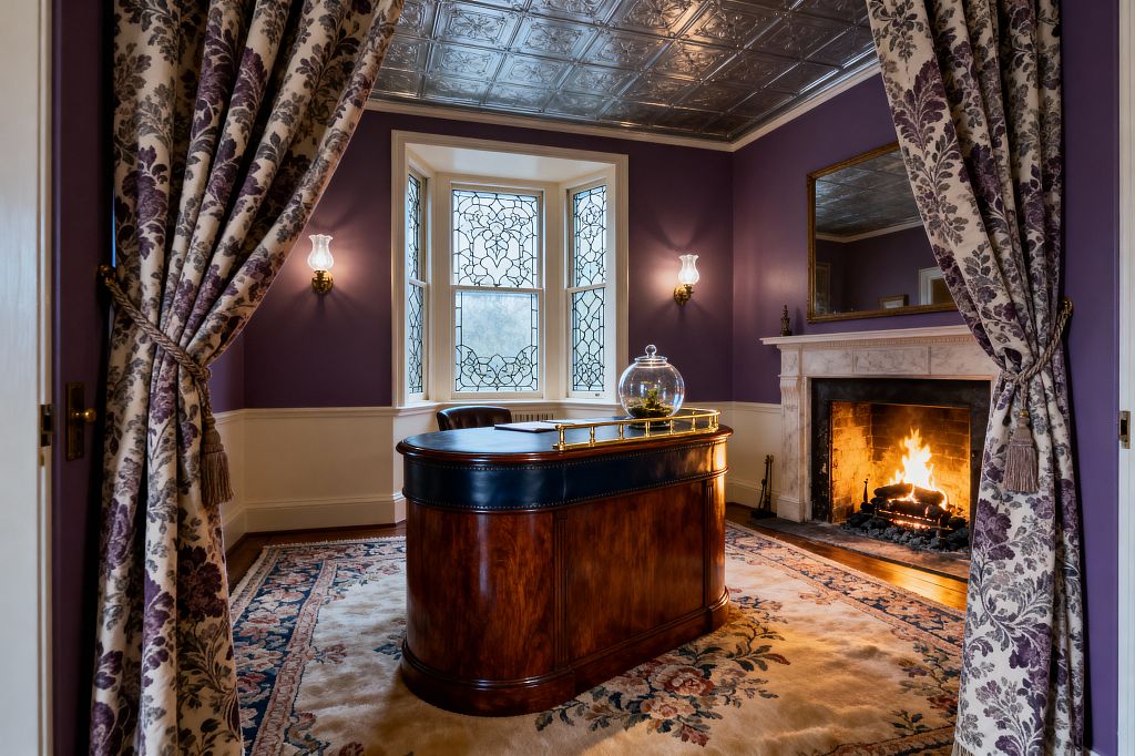 Victorian-style home office viewed through tied-back floral drapes. A polished mahogany kidney desk with a black leather top sits on a large floral wool rug, facing a roaring fire within a carved marble mantel and gilded mirror. Walls are painted deep plum above cream wainscoting, with brass sconces and leaded-glass bay windows. A patterned silver pressed-tin ceiling and hardwood floor complete the room’s ornate, warmly lit atmosphere.