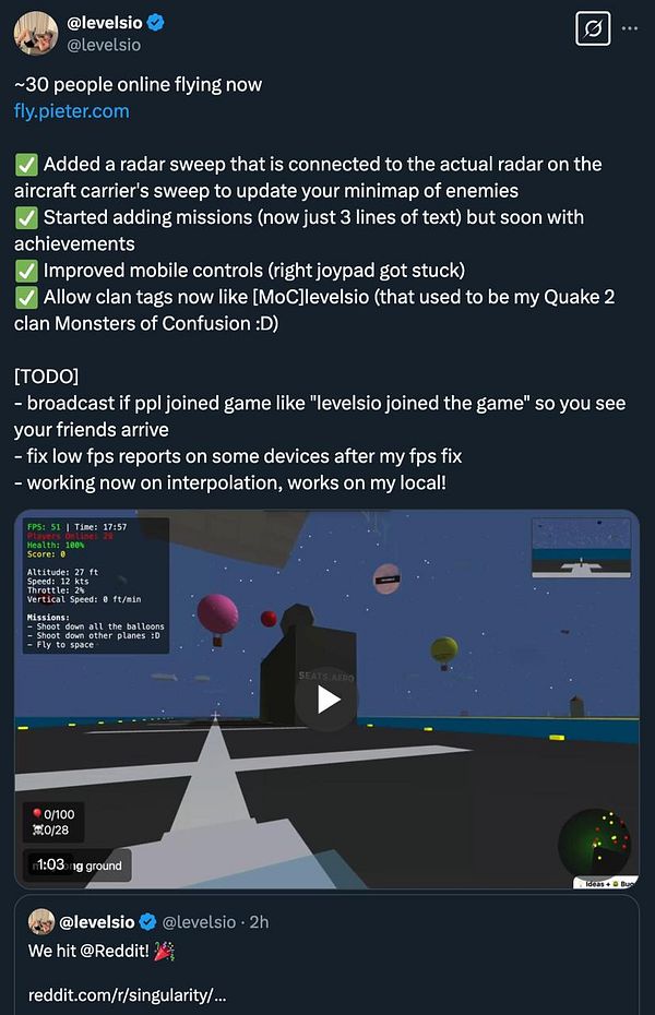 A tweet discussing updates and tasks related to an online flying game, featuring a screenshot of the game interface.