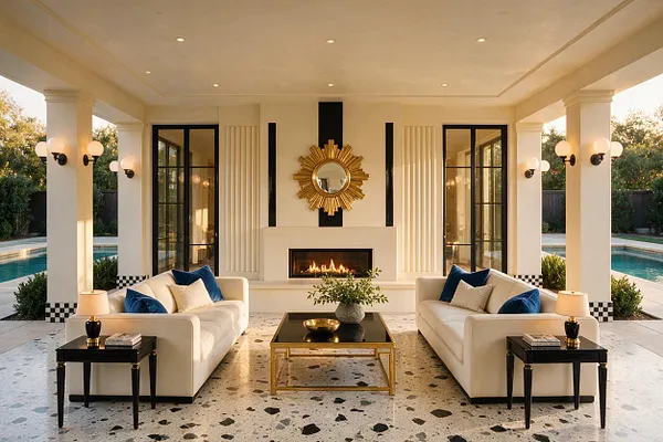 A covered backyard lounge with two cream sofas facing a central fireplace and sunburst mirror, framed by black-trimmed glass doors and white columns. Brass accents, navy pillows, terrazzo-style flooring, and wall sconces create a glamorous Art Deco feel beside a swimming pool.