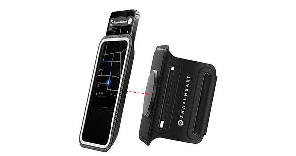 The image features a Shapeheart armband designed for holding a smartphone while running.