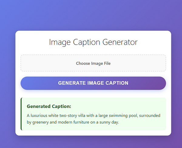 A user interface for an image caption generator tool is displayed on a laptop screen.