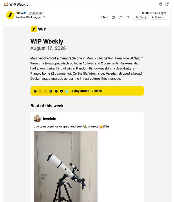 Screenshot of an email newsletter draft featuring a weekly digest with a large summer-themed image and a text summary highlighted.