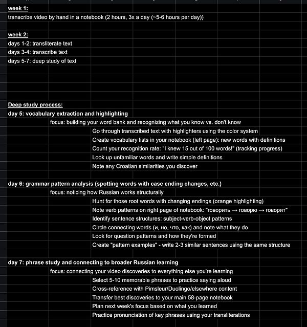 A detailed study plan for learning Russian, organized by weeks and specific tasks.