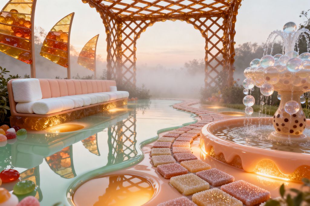 An outdoor patio styled like a candy fantasy features a peach-toned long sofa with white plush bolsters on a glowing amber base beneath a lattice pergola. A glossy mint-green floor flows around a peach fountain crowned with iridescent bubble-like spheres. A snaking path of sugar-cube-like pink and apricot pavers leads through misty landscaping, as amber sail panels and integrated lights cast a warm glow at sunrise.