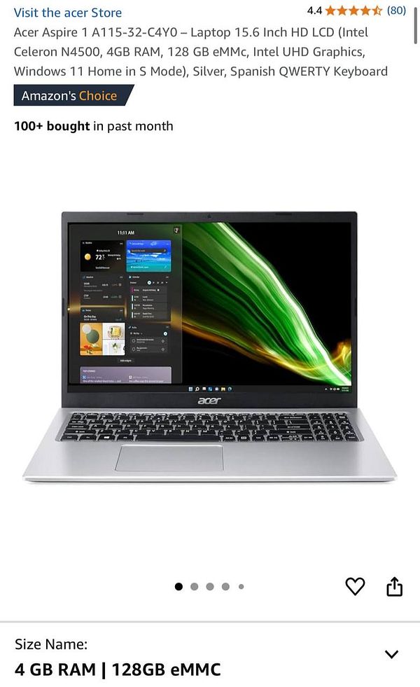 A product listing for an Acer Aspire 1 laptop on Amazon.