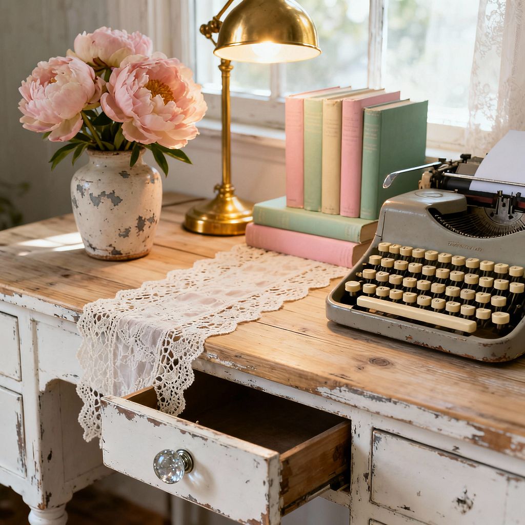 Close-up of a shabby chic home office desk with a natural wood top and distressed white drawers, one slightly open with a glass knob. A cotton lace runner sits beneath a brass task lamp, a stack of pastel mint and blush books, and a vintage gray typewriter with cream keys, while a ceramic vase of pink peonies and light filtering through lace curtains create a soft, nostalgic atmosphere.