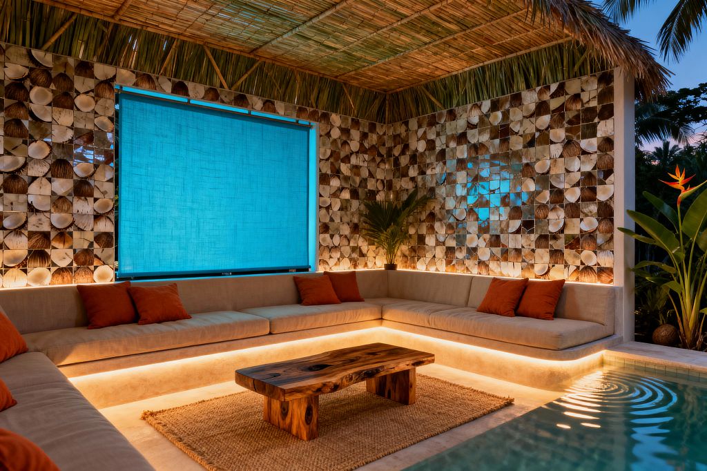 Open-air tropical media room with a U-shaped built-in sofa upholstered in beige fabric and dotted with rust-colored pillows. A live-edge wood coffee table sits on a woven jute rug, while warm LED strips under the seating and along a coconut-shell mosaic wall provide ambient light; a bamboo-and-thatch ceiling, potted palms, and a bird-of-paradise flank a blue fabric screen beside the edge of a small pool.