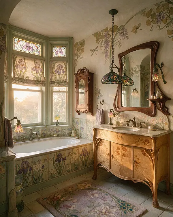 A master bathroom in Art Nouveau style with a bay window, stained-glass floral shades, and hand-painted floral wall and tub tiles. The room features a carved wood vanity with a marble countertop, an ornate wood-framed mirror, soft green trim, and warm daylight filling the space.