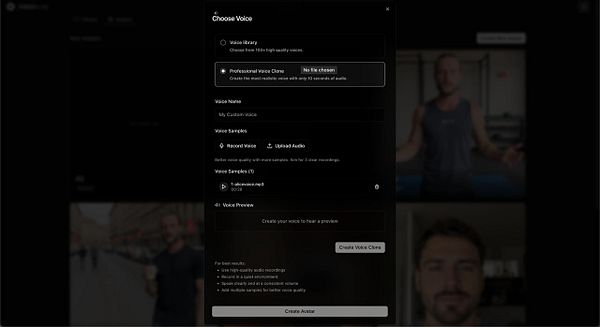 The image displays a user interface for creating a professional voice clone.