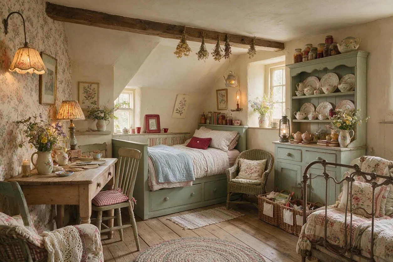 A cozy cottagecore kids' room with floral wallpaper, exposed ceiling beams, and pale green painted furniture. The room includes a daybed with built-in storage, a rustic wooden table, a glass-front hutch filled with china, wicker baskets, and vintage-style lamps, all in soft cream, sage, and floral tones.
