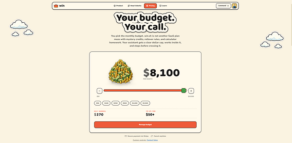 Pricing page for win.sh showing two plans, 'Free' and 'Pay as you go', with their respective features and details.