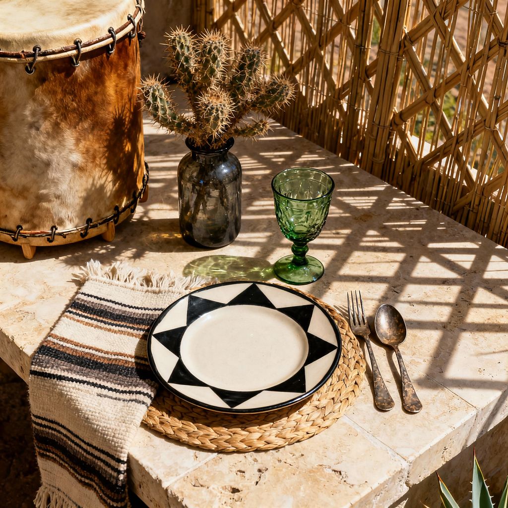 A sunlit close-up of a Southwestern dining vignette on a pale travertine tabletop, with a diagonal reed screen casting patterned shadows. A woven seagrass charger holds a cream plate with a black geometric border, paired with an aged metal fork and spoon, a green pressed-glass goblet, a striped fringed cotton runner, a smoky glass vase with a spiky cactus, and a natural hide drum, all in warm desert neutrals.