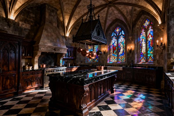 Grand Gothic kitchen with a rib-vaulted stone ceiling, pointed stained-glass windows, and candle-style wall sconces. A large carved dark-wood island with a black marble countertop anchors a checkerboard black-and-white marble floor, while a wrought-iron chandelier pot rack holds copper pans above, and carved cabinetry with tracery panels flanks a monumental limestone range hood and professional stainless range, with colored window light reflecting across the countertops.