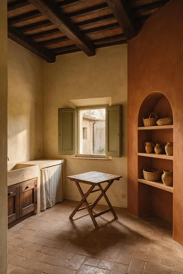 A warm Mediterranean-style laundry room with terracotta tile flooring, plaster walls, and dark wood ceiling beams. A small wooden folding table stands in the center, with a stone sink and wooden cabinet on the left and built-in arched shelves holding baskets and pottery on the right. An open window with green shutters brings in natural light.