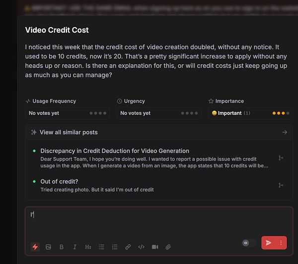 The image displays a task interface discussing an increase in video credit costs.