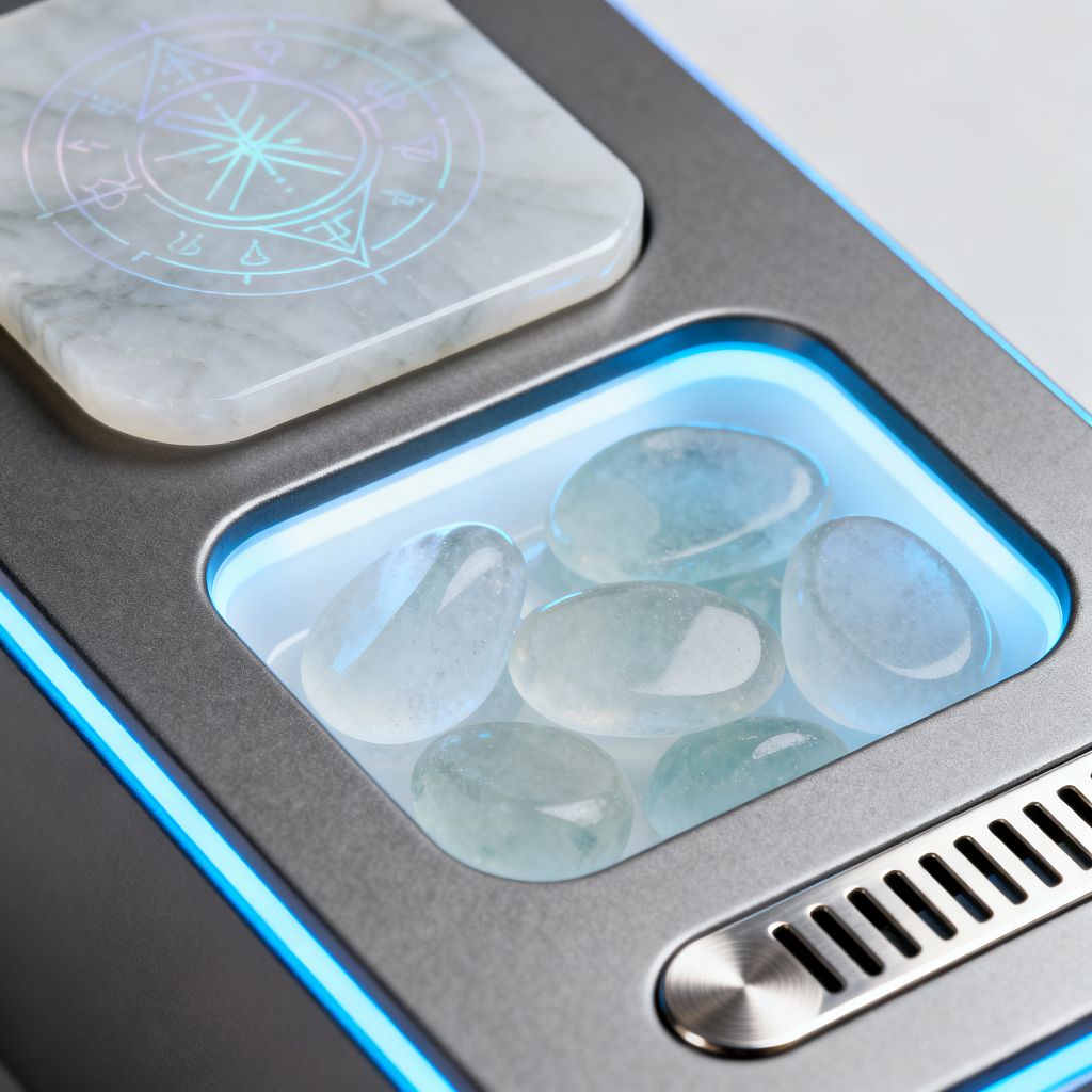 A close-up of a sleek metallic appliance panel with a cool blue LED glow. A recessed, illuminated glass window holds several smooth, translucent aqua pebbles. Beside it, a narrow vent and a circular brushed metal dial suggest airflow control. At the top, a small slab of white marble with gray veining is inset, etched with a faintly iridescent geometric symbol. The materials feel clean and high-tech, dominated by silver-gray metal, glass, and icy blues.