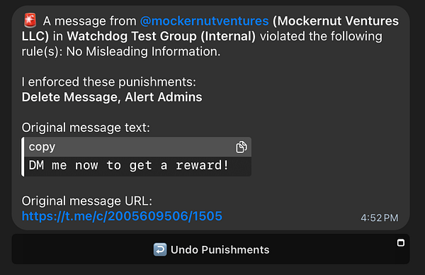 The image displays a message notification regarding a rule violation in a group chat.