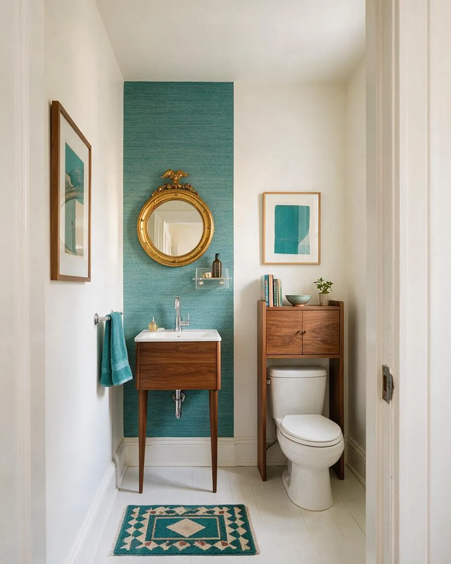 A narrow powder room with white walls, a teal textured accent wall behind a compact wooden sink vanity, and a round gold-framed mirror centered above it. A matching wooden cabinet sits over the toilet on the right, with framed art, a turquoise towel, and a patterned teal rug adding color and eclectic character.