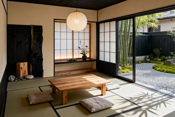 A serene Japanese dining room features a low solid-wood table on tatami mats with linen floor cushions, beige plaster walls, and black trim. Shoji screens and a rice-paper pendant diffuse light over a tokonoma alcove displaying a vase arrangement beside a charred-wood panel and river stones; sliding doors open to a compact Zen garden with raked gravel, moss mounds, rocks, bamboo, and a dark timber fence.