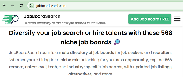 The image displays a webpage for JobBoardSearch, a directory of job boards.