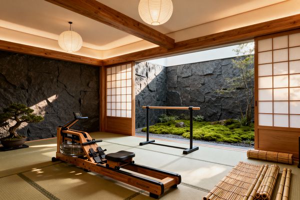 A serene Japanese-style home gym with tatami flooring, wood-framed shoji screens, and a ceiling of exposed cedar beams illuminated by round paper lanterns and concealed cove lighting. A wooden water rowing machine and a black steel ballet barre face an open courtyard featuring a moss garden, gravel, and a charcoal stone wall, while a potted bonsai and rolled bamboo mats emphasize a natural, minimalist palette.