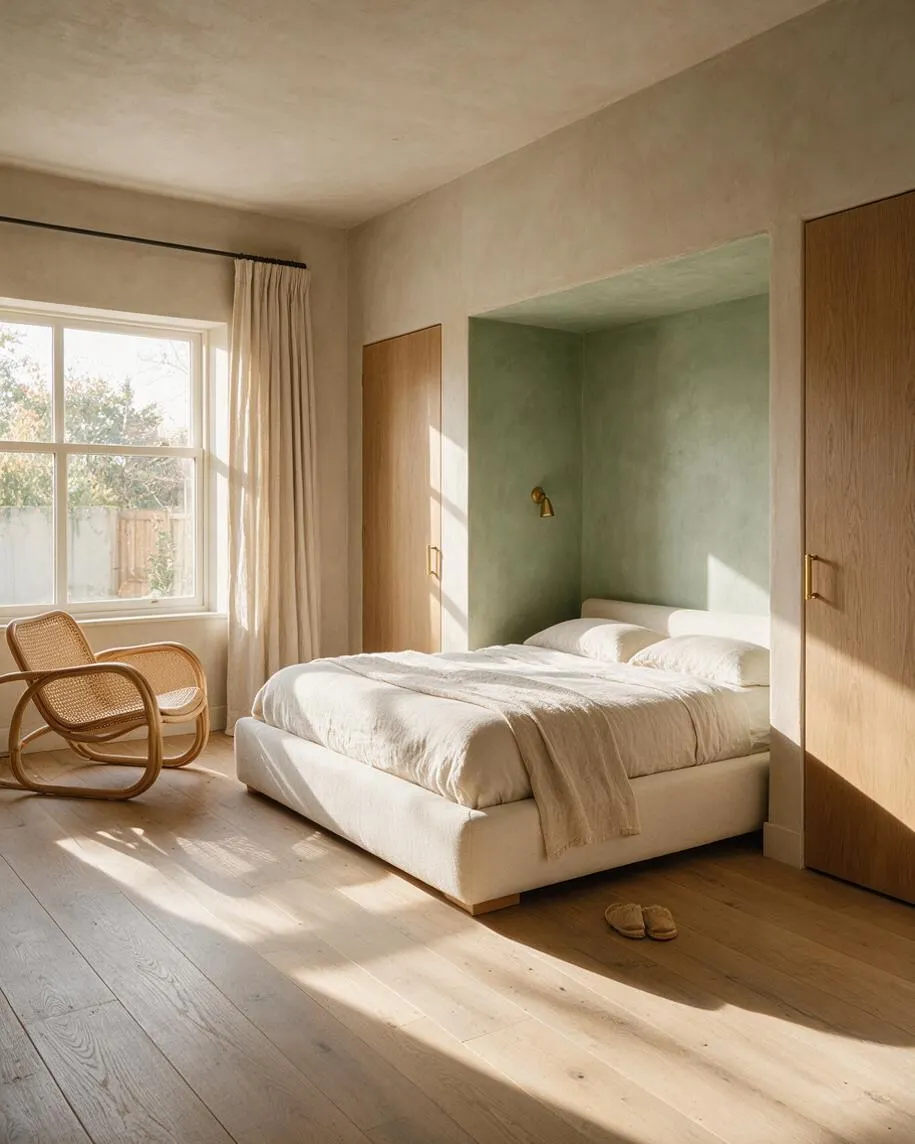 A serene guest bedroom with a low upholstered bed set into a soft green alcove, flanked by light oak closet doors with brass pulls. Sheer beige curtains filter sunlight through a large window, and a woven lounge chair sits beside the bed on pale wood floors, creating a calm organic modern space.
