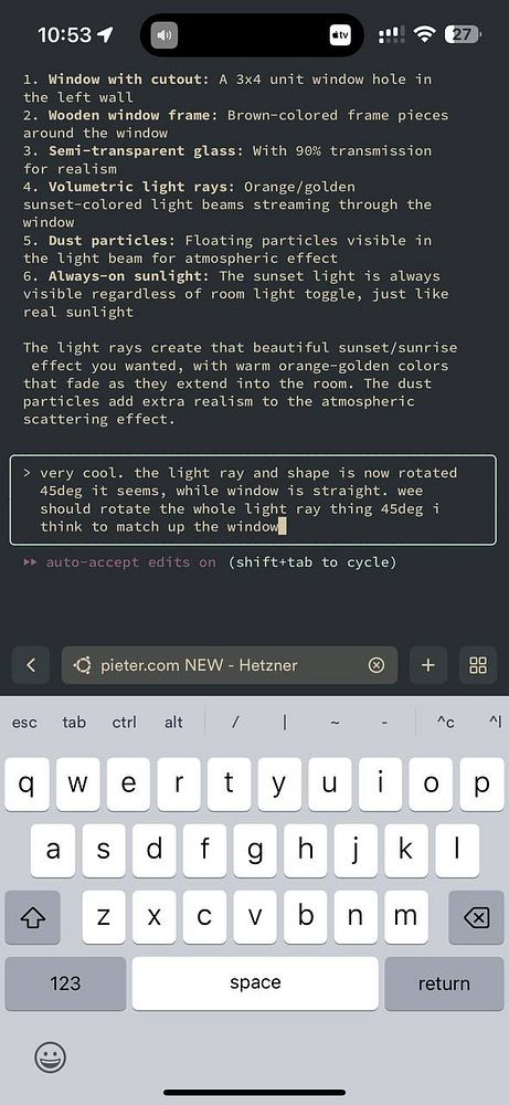 The image displays a coding interface with a detailed task description for adding a window in a 3D environment.