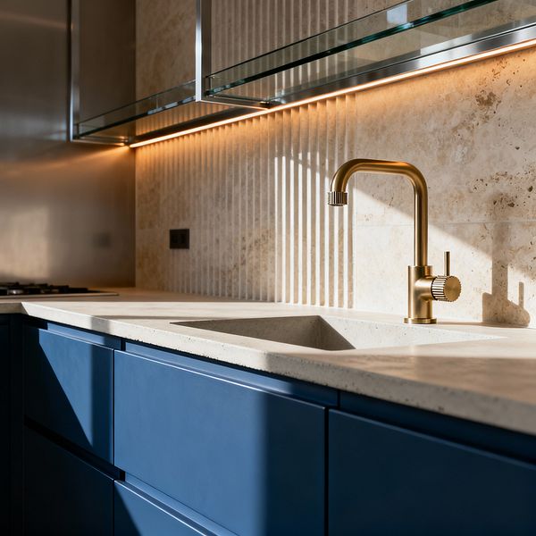 A close-up of a contemporary kitchen shows matte navy lower cabinets with recessed pulls beneath a pale concrete countertop and integrated sink. A brushed brass gooseneck faucet stands before a beige travertine backsplash with smooth tiles and fluted vertical panels; above is a slim glass shelf in a stainless frame, illuminated by warm under-cabinet LED lighting, with a black outlet and a gas cooktop visible at the left edge.