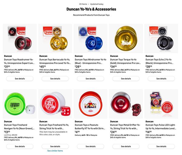 A screenshot showing an Amazon wishlist page titled 'Duncan Toys Yo-Yos' with various yo-yo products and interface elements.