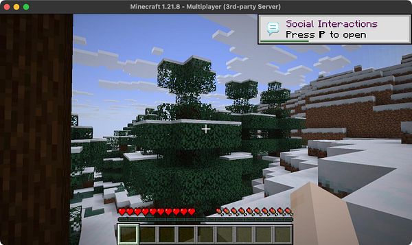 A Minecraft gameplay scene featuring a snowy landscape with trees and a user interface element for social interactions.