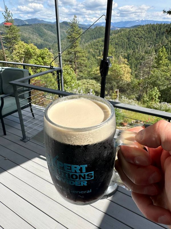 A person holds a glass of Guinness beer with a scenic mountain view in the background.