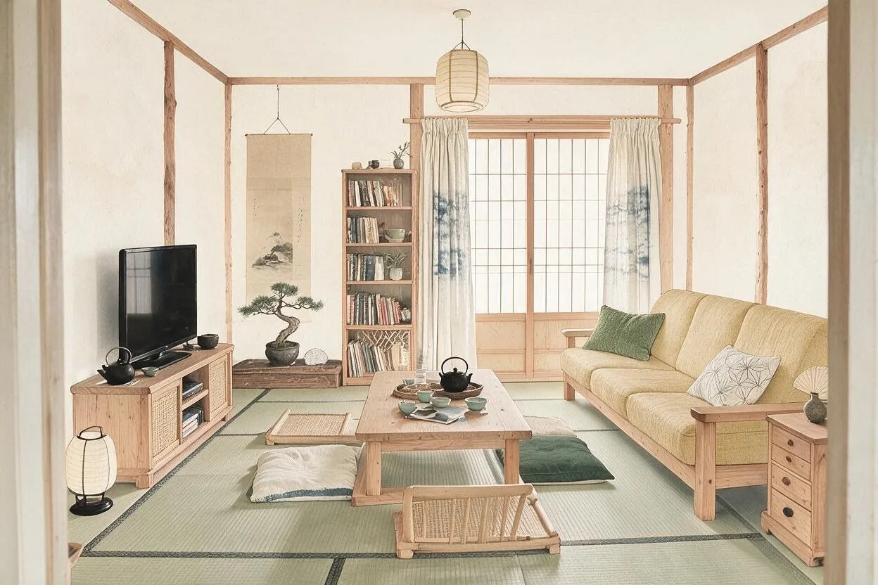 The same Japanese living room in the Tatami and Ink palette: rice paper, straw, hinoki, ink black, and moss