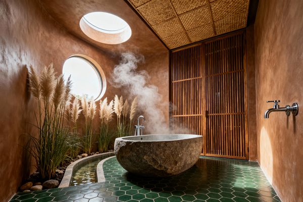 A spa-like bathroom features a steaming carved stone soaking tub on a deep green hexagonal tile floor. Earthen terracotta walls curve to a circular skylight and round window, while a planted bed of tall pampas grass, river pebbles, and a narrow water channel lines one side; opposite, slatted wood screen doors and a woven rattan ceiling add warmth, complemented by simple brushed stainless steel faucets.