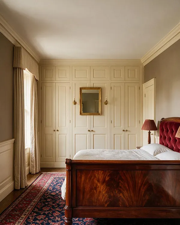 A traditional master bedroom with a polished mahogany four-poster style bed, a deep burgundy tufted headboard, and cream paneled built-in wardrobes along the back wall. The room features beige walls, floor-length drapes beside a tall window, a patterned red-and-blue rug, and a small gold-framed mirror centered above the wardrobes.