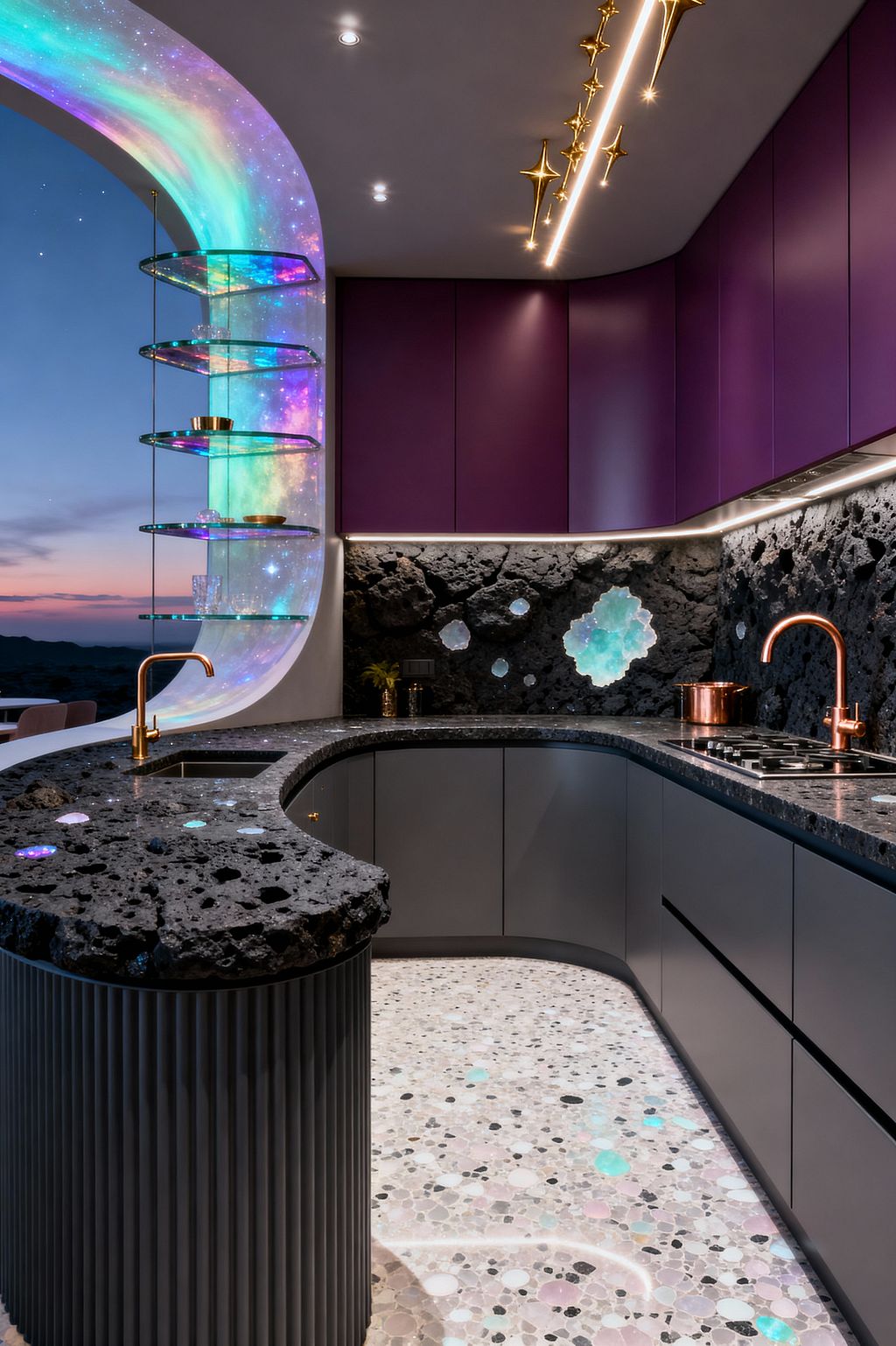 A futuristic kitchen with a curved peninsula in black volcanic stone and a fluted base. Upper cabinets are deep plum and lower cabinets are matte gray. The backsplash is rugged lava rock with backlit, geode-like openings glowing aqua. An illuminated arch with glass shelves casts aurora colors, while brass star ceiling lights and copper faucets add warmth. A terrazzo floor with luminous chips reflects the glow, and a large window shows the dusk sky.