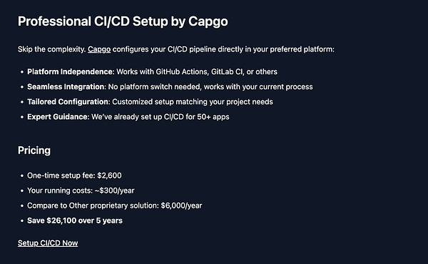 The image presents a promotional overview of a CI/CD setup service offered by Capgo, including key features and pricing details.