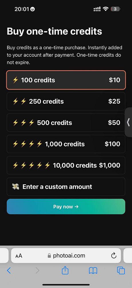 The image displays a mobile interface for purchasing one-time credits on a website.