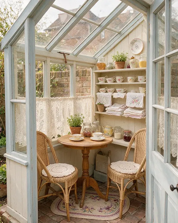 A small backyard greenhouse styled as a cozy cottagecore tea nook, with pale blue painted wood framing, glass windows, lace café curtains, and a round wooden table with two wicker chairs. Shelves hold floral teacups, jars, linens, potted herbs, and decorative crockery, creating a soft, quaint garden retreat.