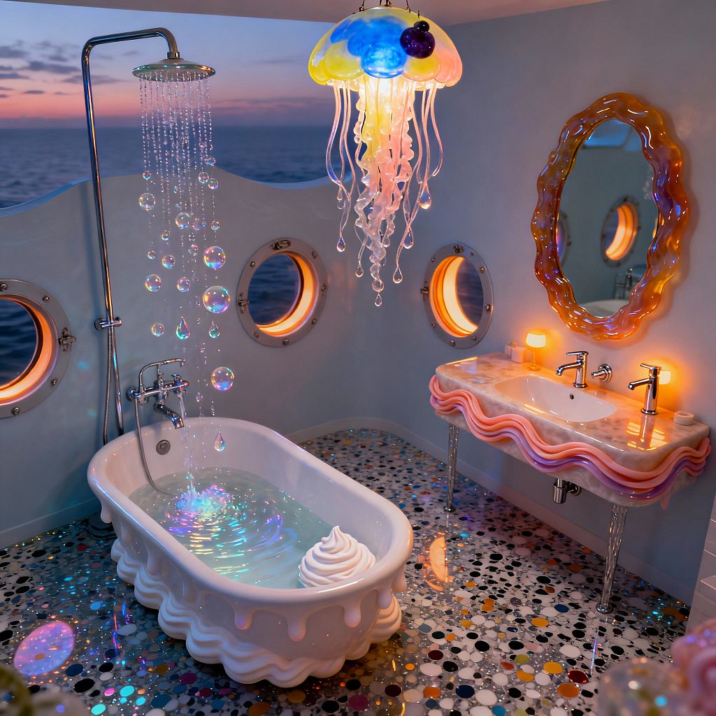 Whimsical bathroom with a candy-inspired theme featuring a white freestanding tub with drippy icing sides and a swirl form, paired with a chrome rain shower that falls as sparkling bubble-like droplets onto a glossy confetti terrazzo floor. A pastel taffy-edge vanity with a white sink, clear legs, and chrome taps sits beneath a scalloped resin mirror, while a jellyfish pendant in iridescent glass and warm porthole windows glow against pale blue walls overlooking the sea.
