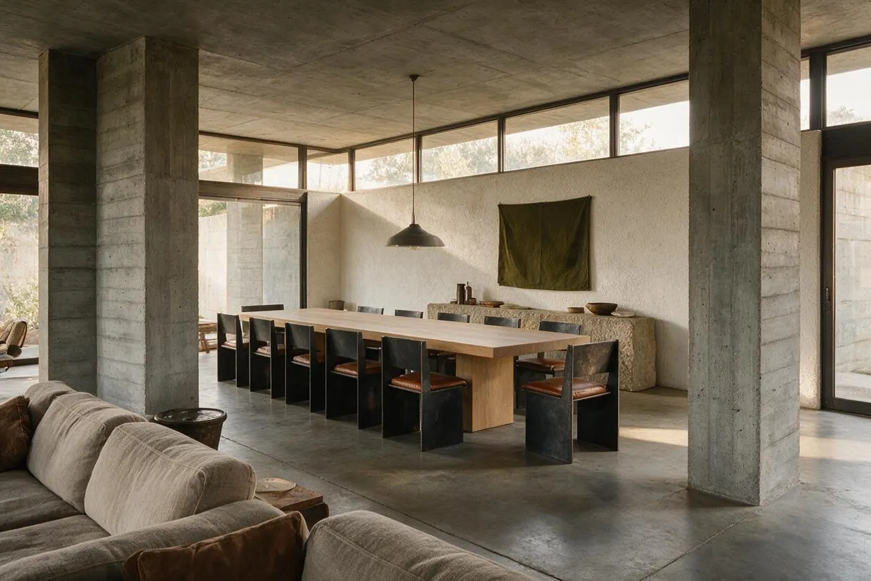 A Brutalist dining room with exposed concrete columns and ceiling, a long pale wood table surrounded by black metal chairs with brown leather seats, and a minimalist pendant light overhead. Large windows bring in soft natural light, while a textured wall, stone console, and earthy textiles add warmth to the otherwise raw space.