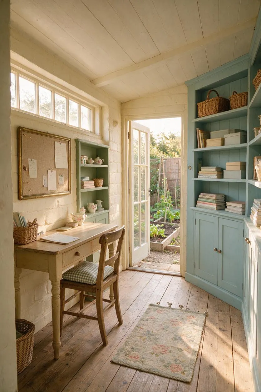 A cozy cottagecore backyard room with cream-painted brick walls, a pale wood desk, and built-in blue-green shelves filled with books and baskets. French doors open to a sunlit garden bed outside, while soft natural light washes over a worn wooden floor and a small floral rug.