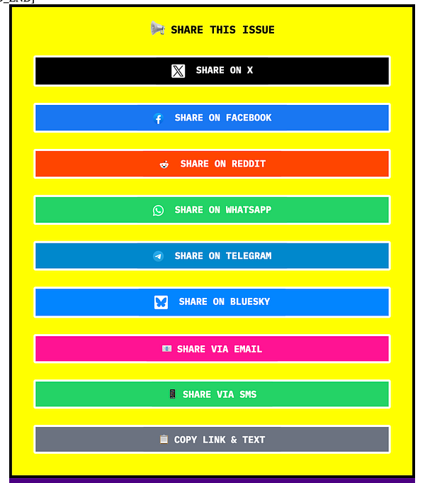 A colorful interface displaying various share buttons for a newsletter.